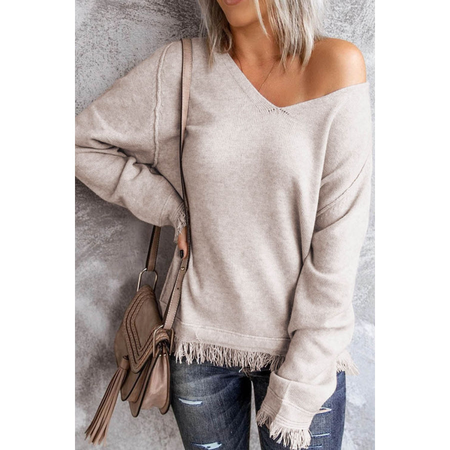 Exposed Seam Fringe Hem V-Neck Long Sleeve Sweater Eggshell / S Apparel and Accessories