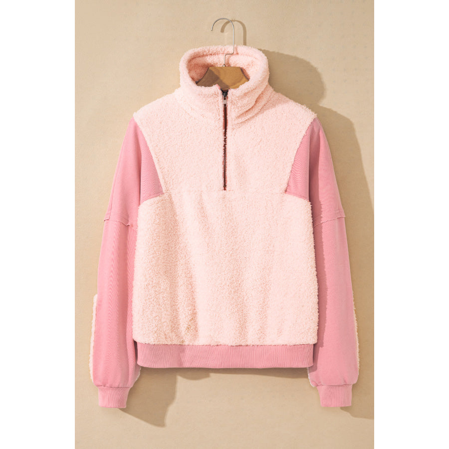 Exposed Seam Fuzzy Patchwork Quarter Zip Sweatshirt Apparel and Accessories