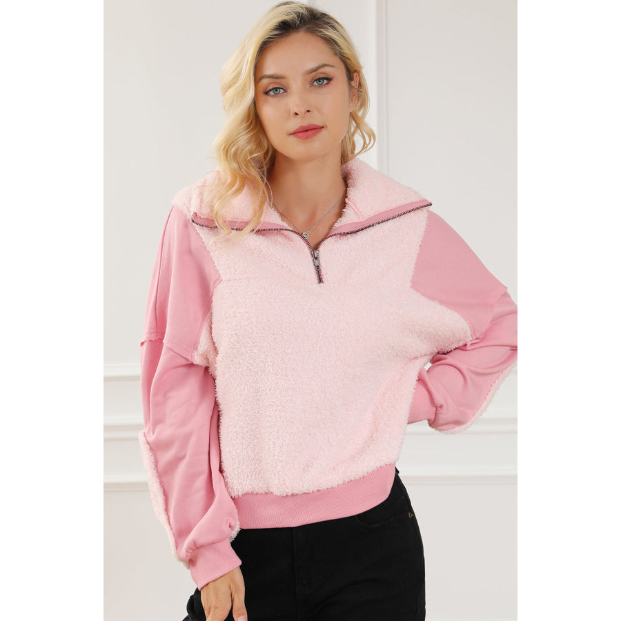 Exposed Seam Fuzzy Patchwork Quarter Zip Sweatshirt Apparel and Accessories