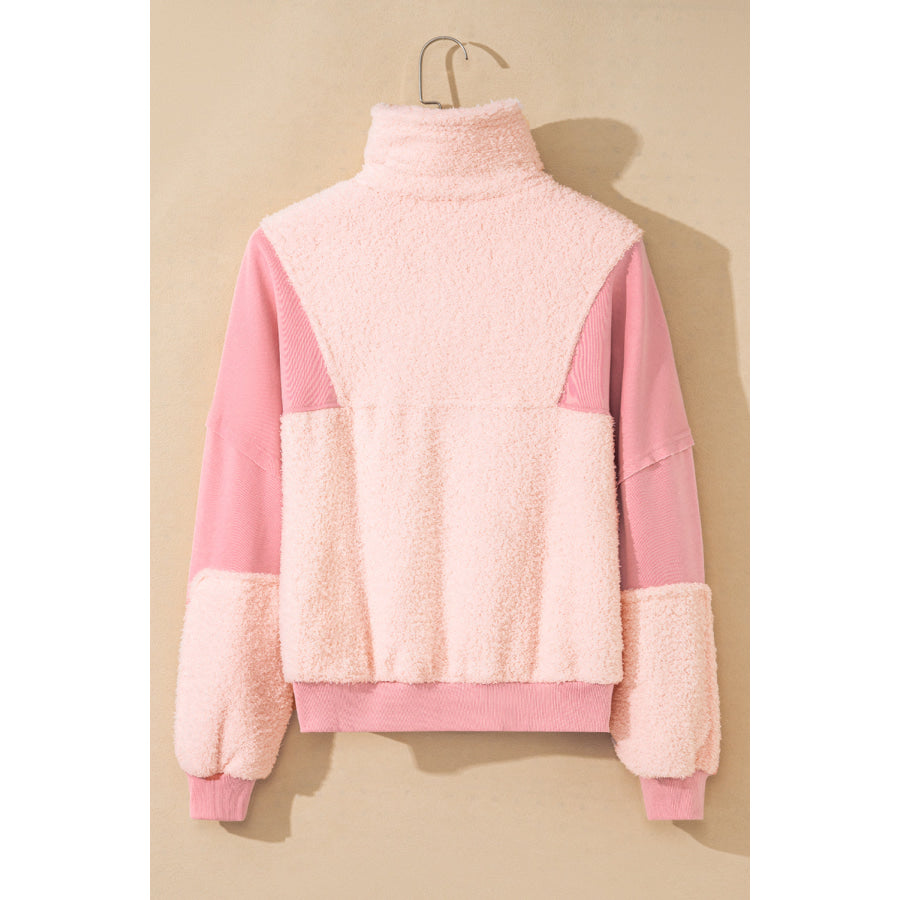 Exposed Seam Fuzzy Patchwork Quarter Zip Sweatshirt Apparel and Accessories