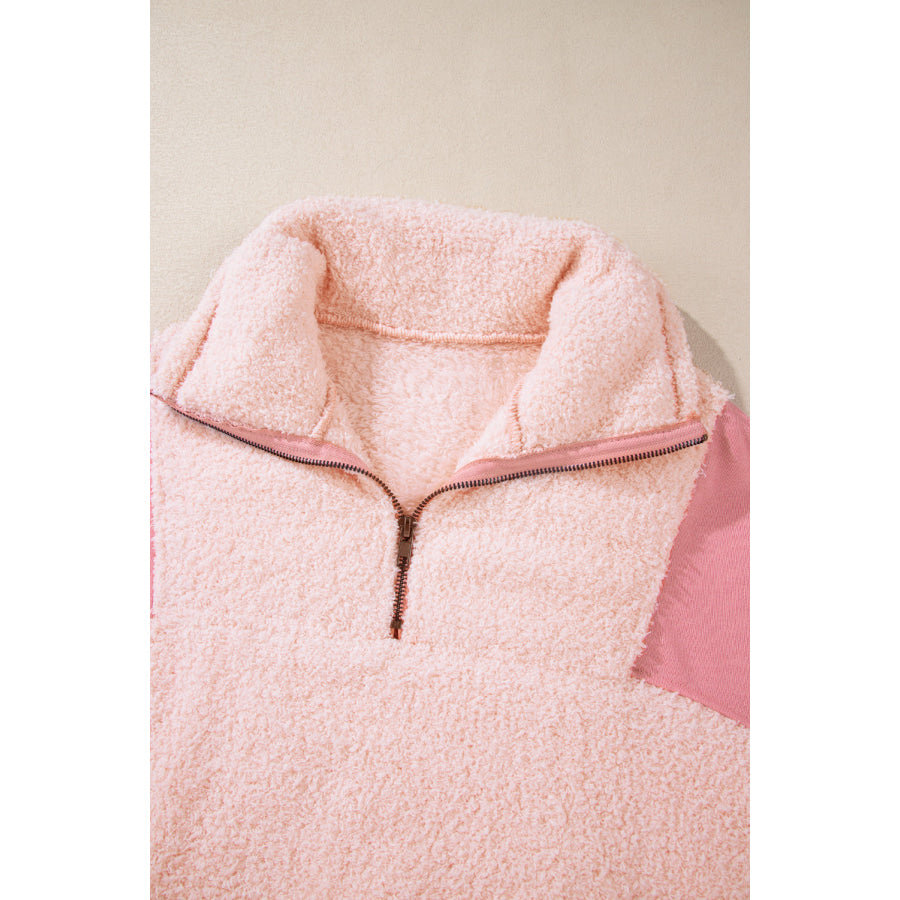 Exposed Seam Fuzzy Patchwork Quarter Zip Sweatshirt Apparel and Accessories