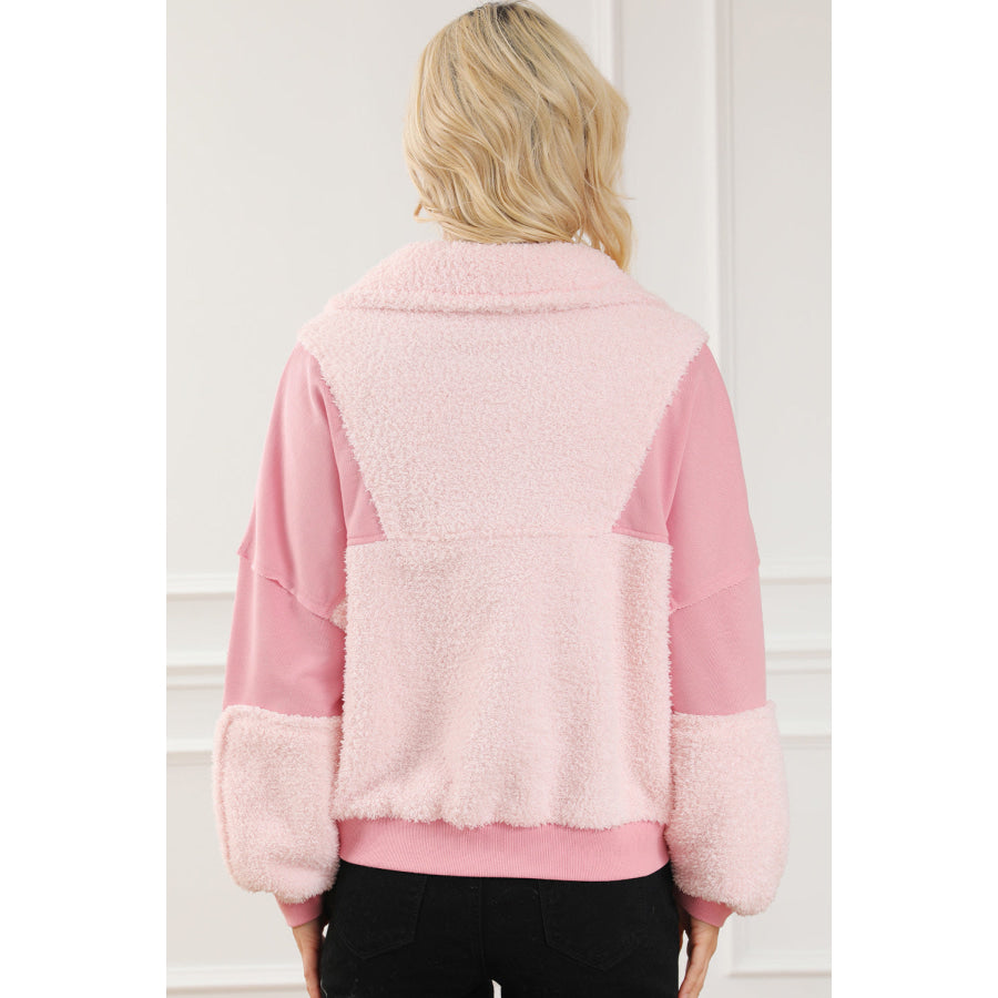 Exposed Seam Fuzzy Patchwork Quarter Zip Sweatshirt Apparel and Accessories