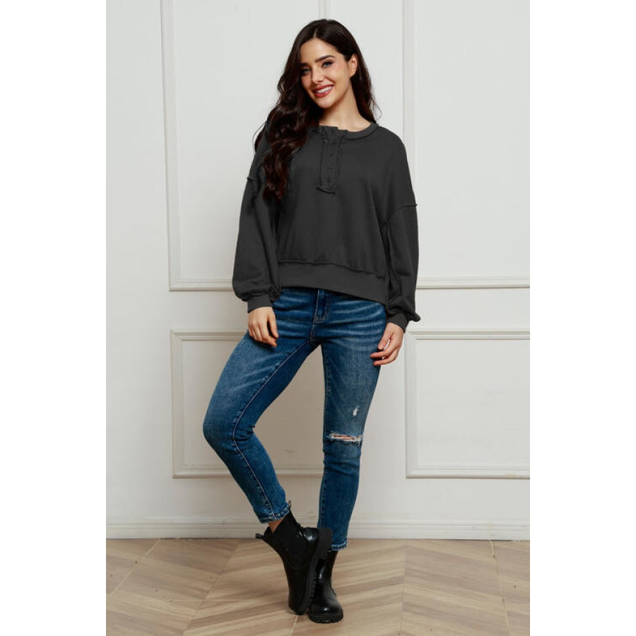 Exposed Seam Half Button Long Sleeve Sweatshirt Black / S