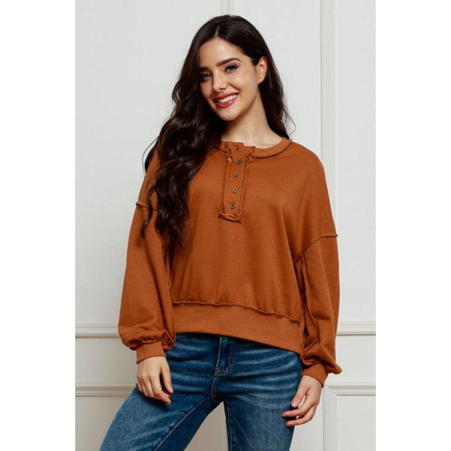 Exposed Seam Half Button Long Sleeve Sweatshirt Camel / S