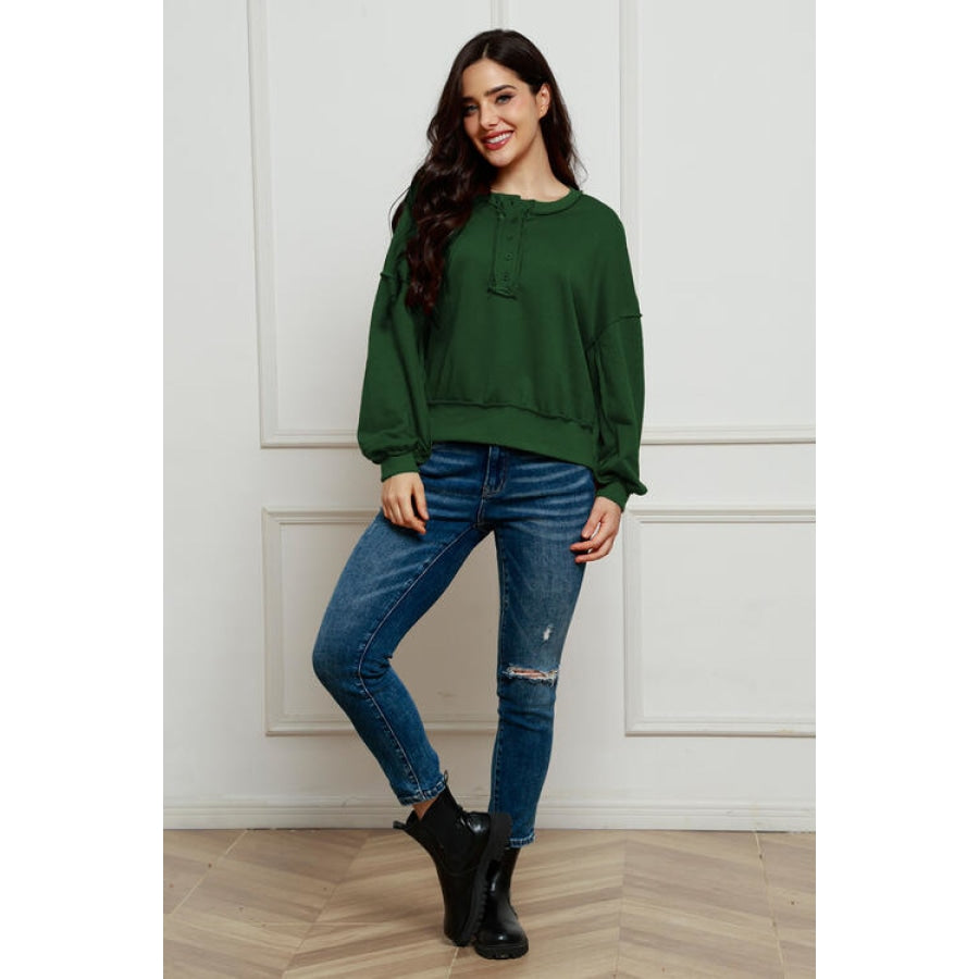 Exposed Seam Half Button Long Sleeve Sweatshirt Green / S