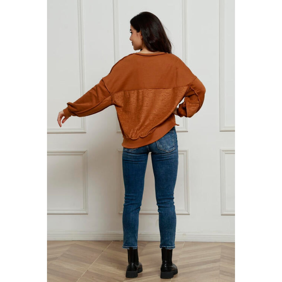 Exposed Seam Half Button Long Sleeve Sweatshirt