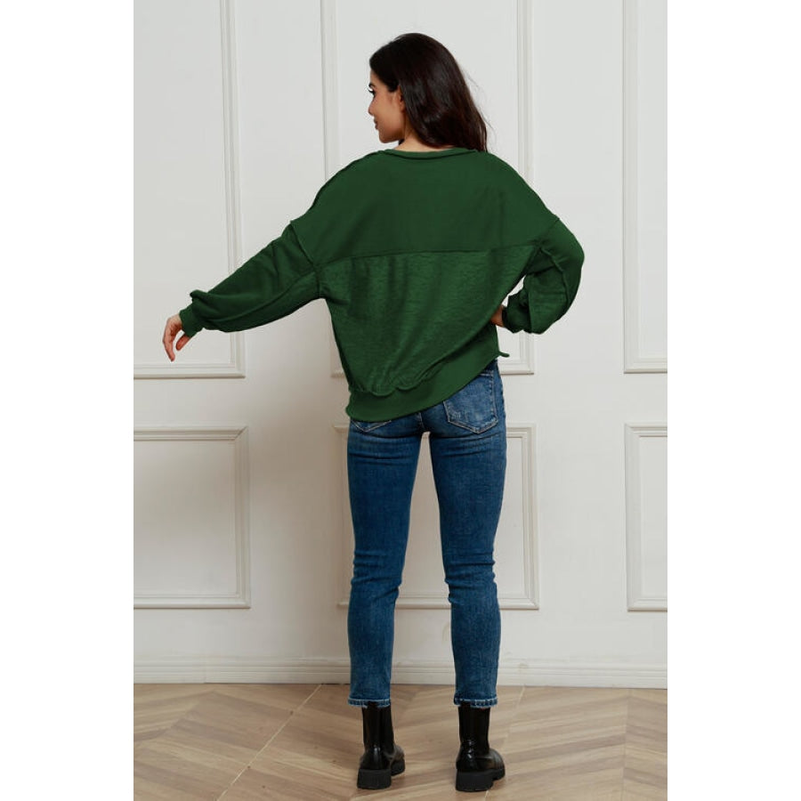 Exposed Seam Half Button Long Sleeve Sweatshirt