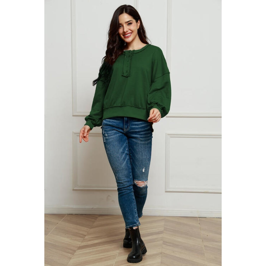 Exposed Seam Half Button Long Sleeve Sweatshirt