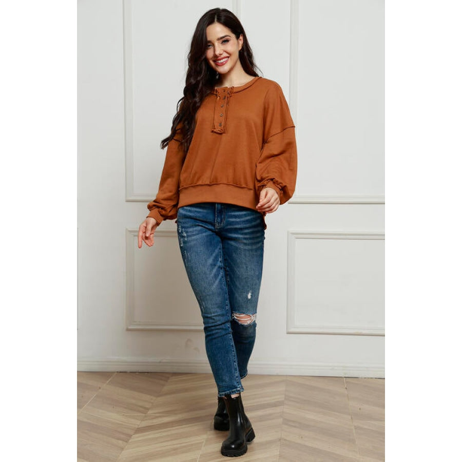 Exposed Seam Half Button Long Sleeve Sweatshirt