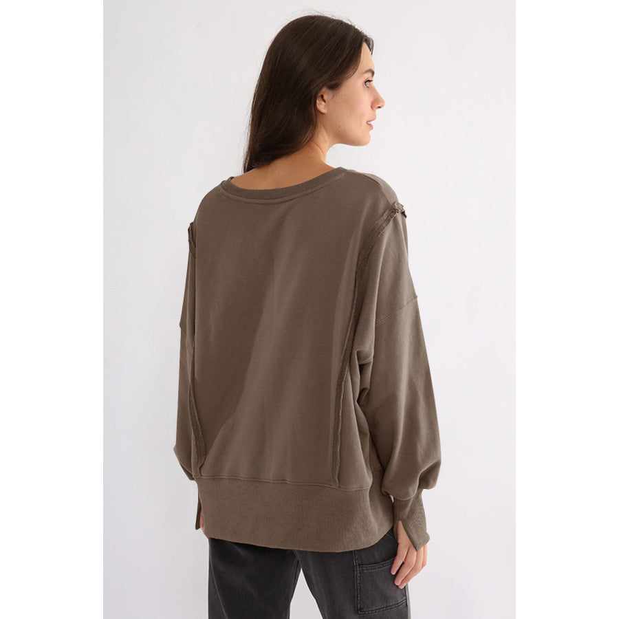 Exposed Seam High-Low Long Sleeve Sweatshirt Apparel and Accessories