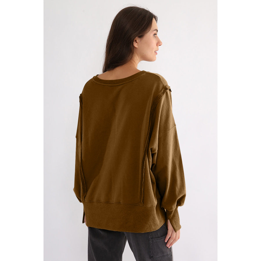 Exposed Seam High-Low Long Sleeve Sweatshirt Apparel and Accessories