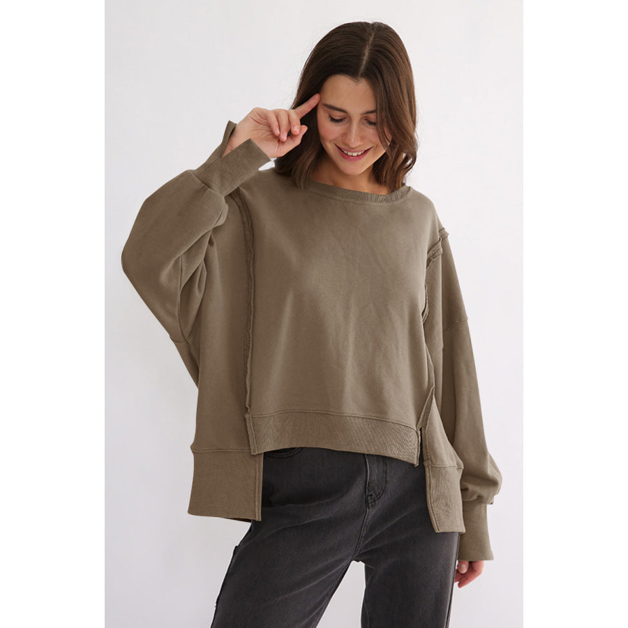 Exposed Seam High-Low Long Sleeve Sweatshirt Apparel and Accessories