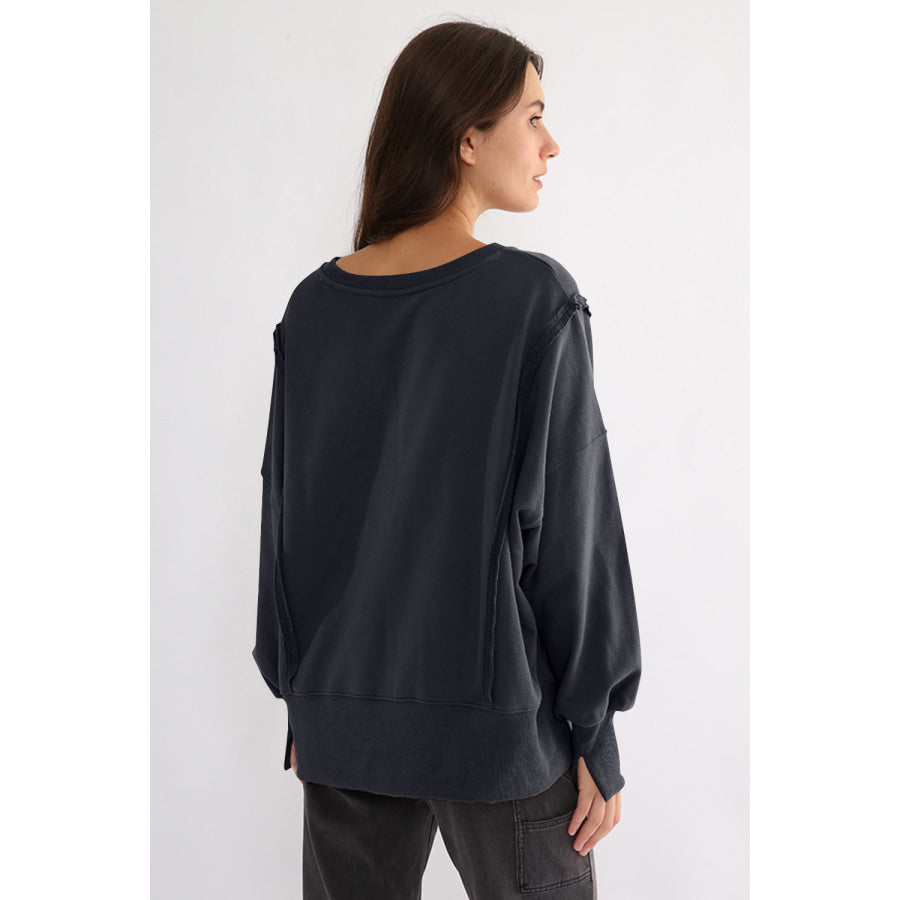 Exposed Seam High-Low Long Sleeve Sweatshirt Apparel and Accessories