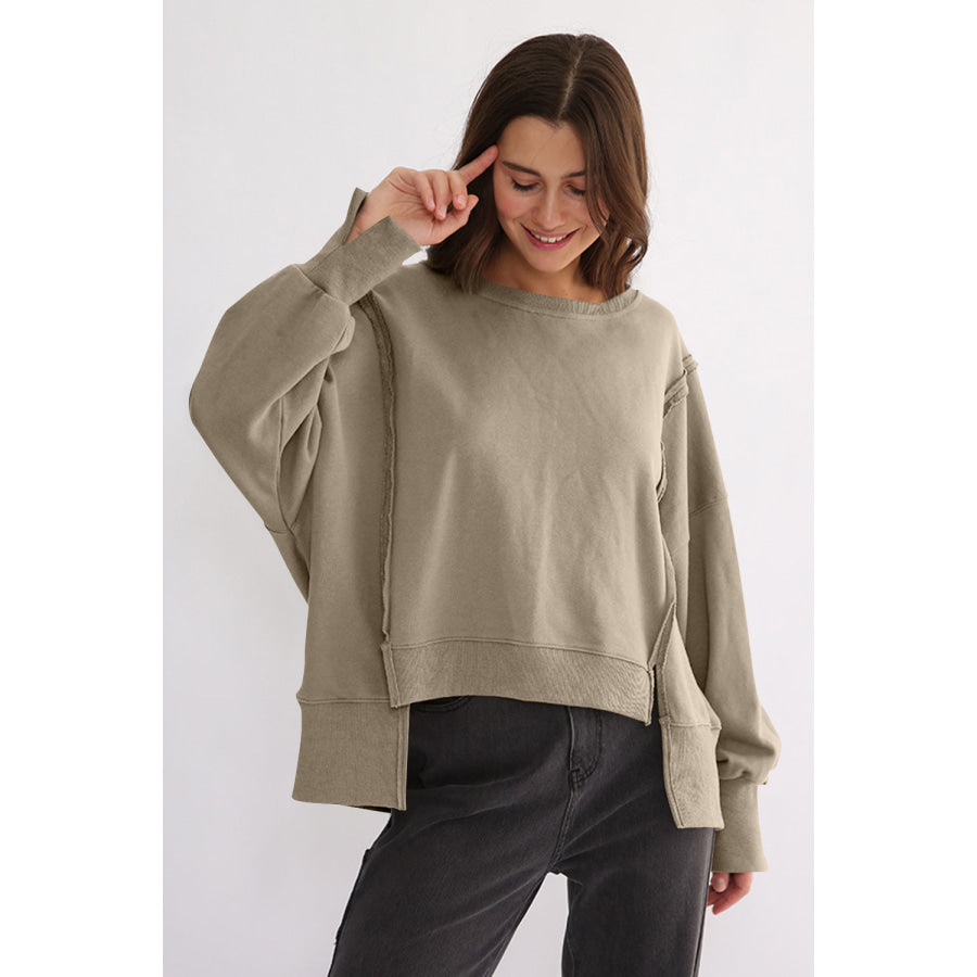 Exposed Seam High-Low Long Sleeve Sweatshirt Apparel and Accessories