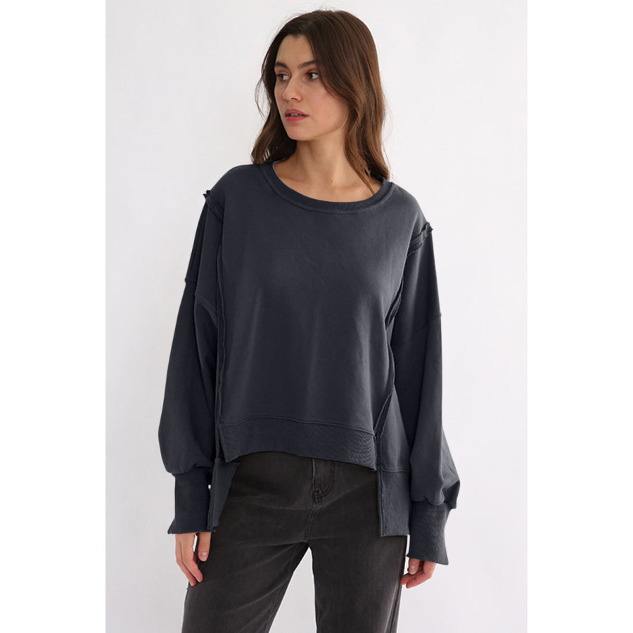 Exposed Seam High-Low Long Sleeve Sweatshirt Apparel and Accessories