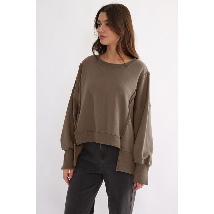 Exposed Seam High-Low Long Sleeve Sweatshirt Apparel and Accessories