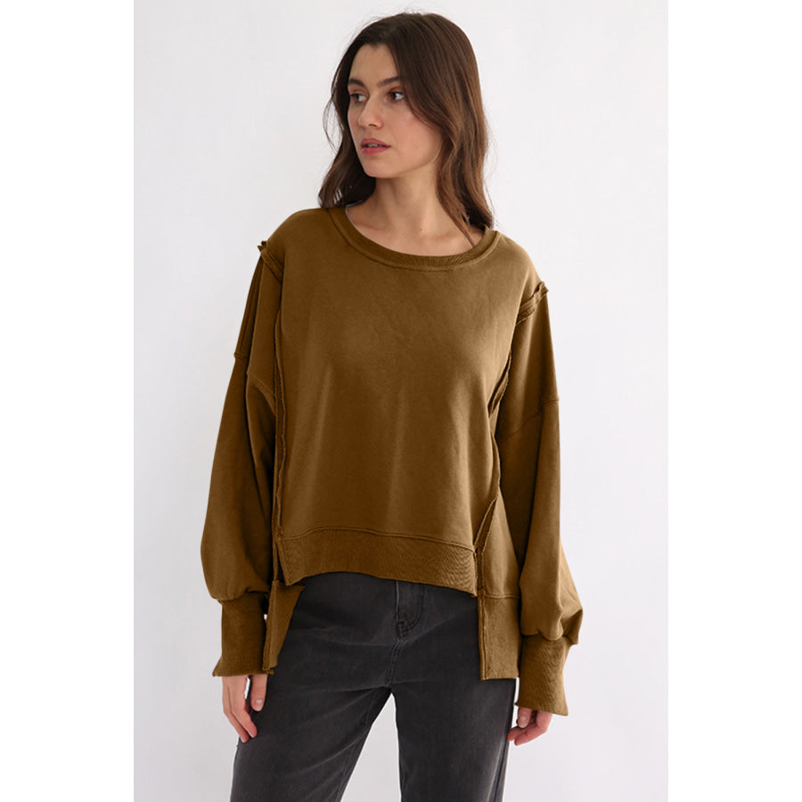 Exposed Seam High-Low Long Sleeve Sweatshirt Apparel and Accessories