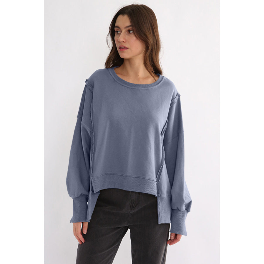 Exposed Seam High-Low Long Sleeve Sweatshirt Apparel and Accessories