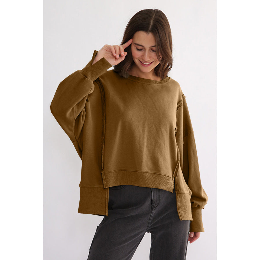 Exposed Seam High-Low Long Sleeve Sweatshirt Camel / One Size Apparel and Accessories