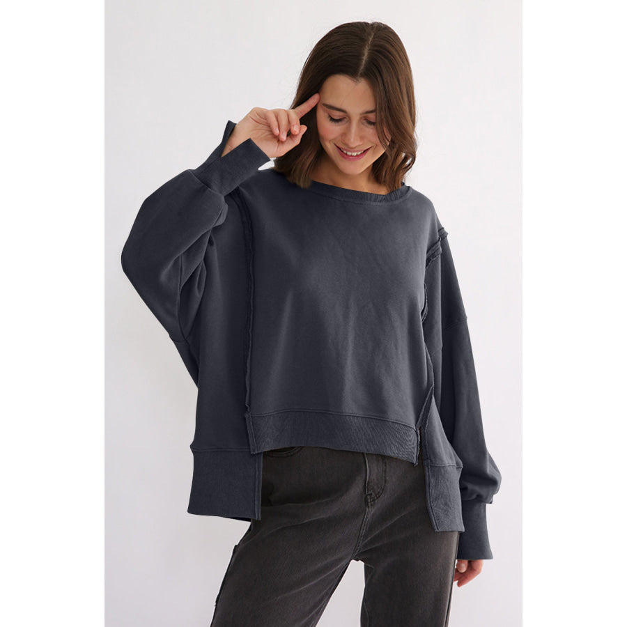 Exposed Seam High-Low Long Sleeve Sweatshirt Dark Gray / One Size Apparel and Accessories