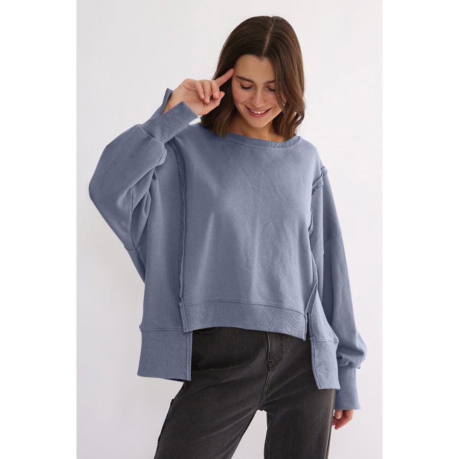 Exposed Seam High-Low Long Sleeve Sweatshirt Dusty Blue / One Size Apparel and Accessories