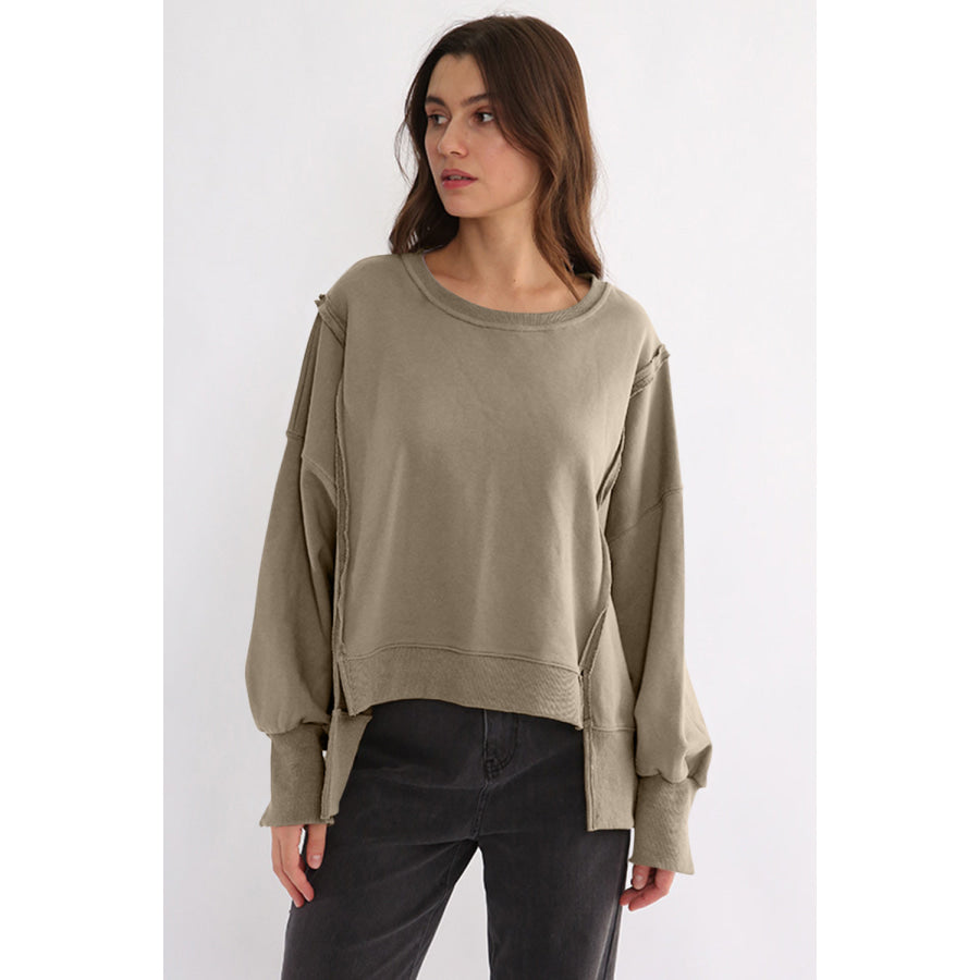 Exposed Seam High-Low Long Sleeve Sweatshirt Khaki / One Size Apparel and Accessories