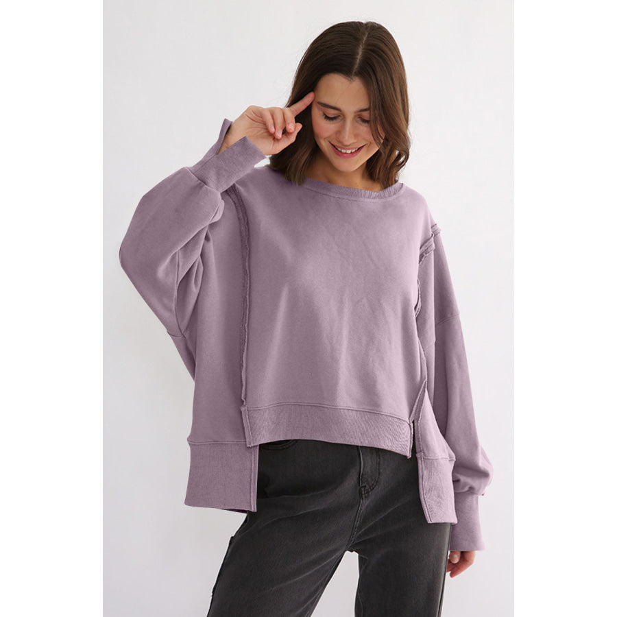 Exposed Seam High-Low Long Sleeve Sweatshirt Lilac / One Size Apparel and Accessories