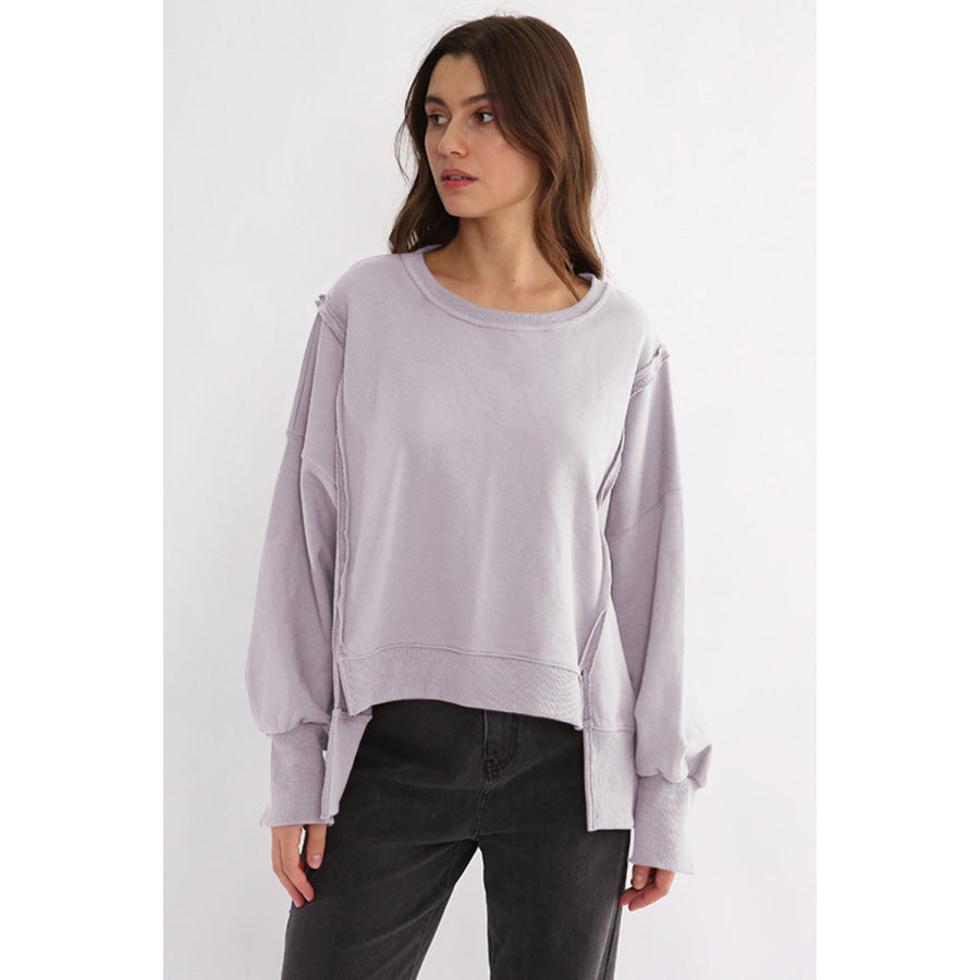 Exposed Seam High-Low Long Sleeve Sweatshirt Pink Purple / One Size Apparel and Accessories