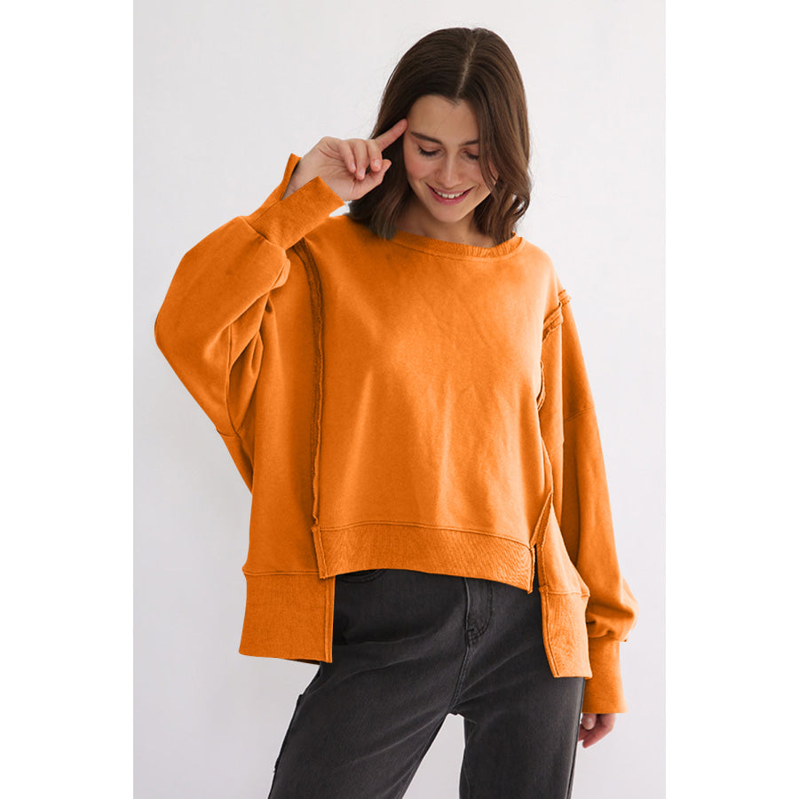 Exposed Seam High-Low Long Sleeve Sweatshirt Tangerine / One Size Apparel and Accessories