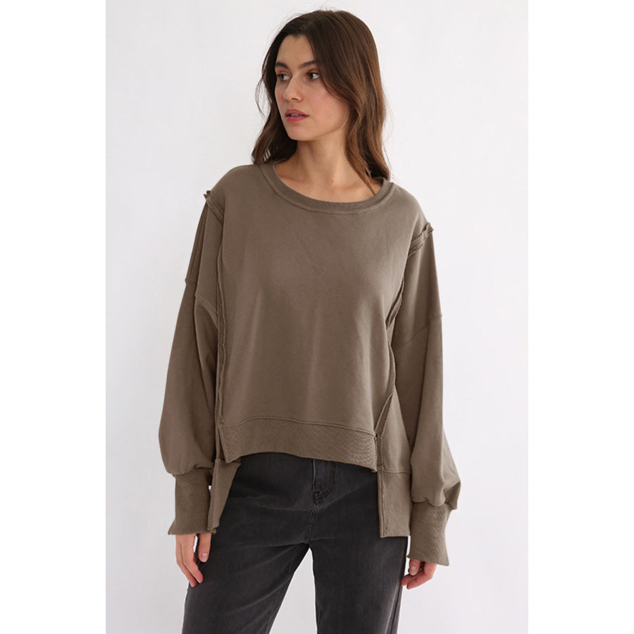 Exposed Seam High-Low Long Sleeve Sweatshirt Taupe / One Size Apparel and Accessories