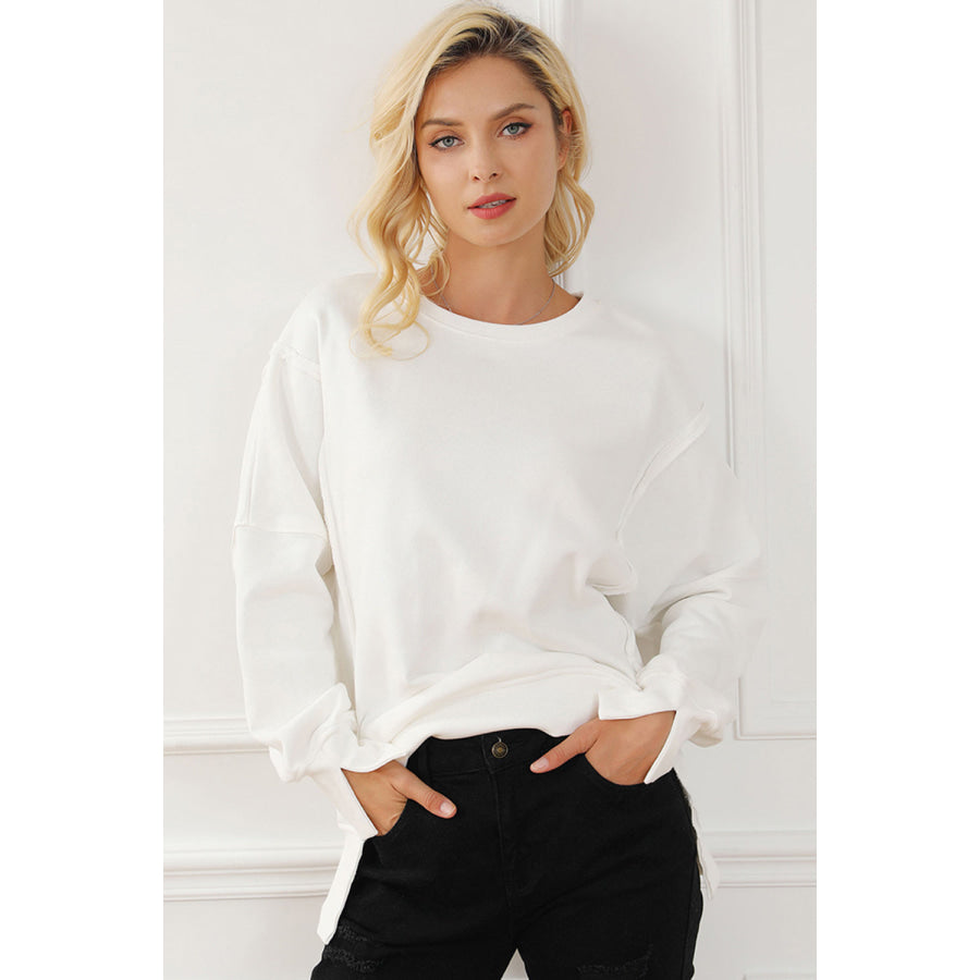 Exposed Seam High-Low Long Sleeve Sweatshirt White / One Size Apparel and Accessories