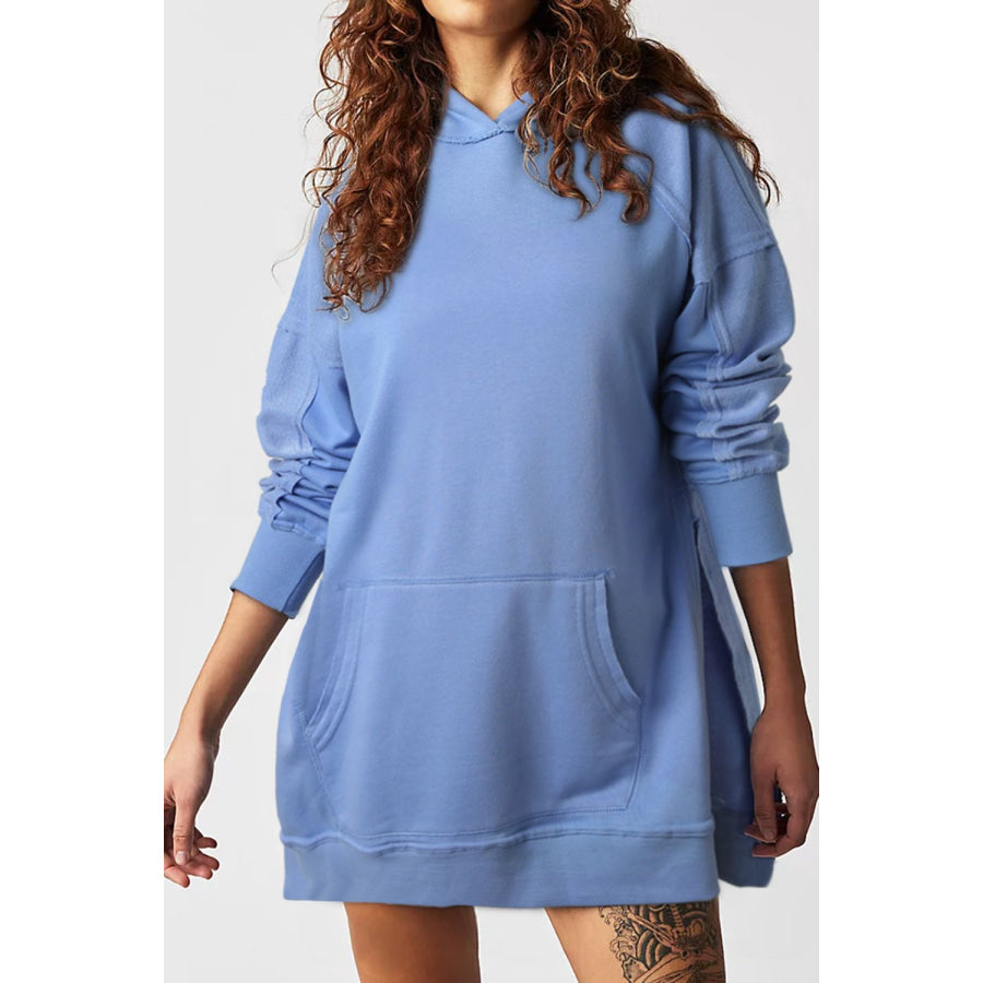 Exposed Seam Kangaroo Pocket Long Sleeve Hoodie Blue / S Apparel and Accessories