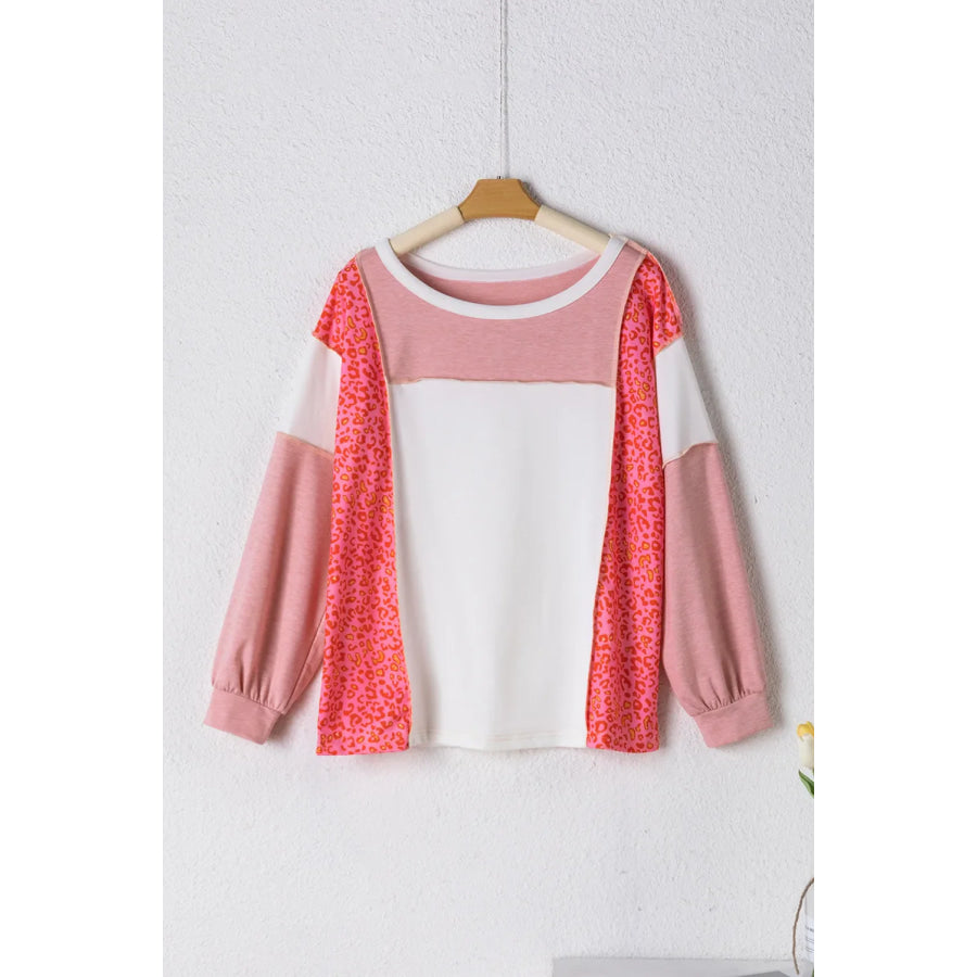 Exposed Seam Leopard Color Block Round Neck Top Dusty Pink / S Apparel and Accessories