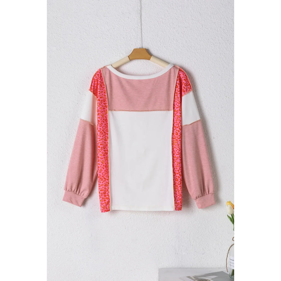 Exposed Seam Leopard Color Block Round Neck Top Apparel and Accessories