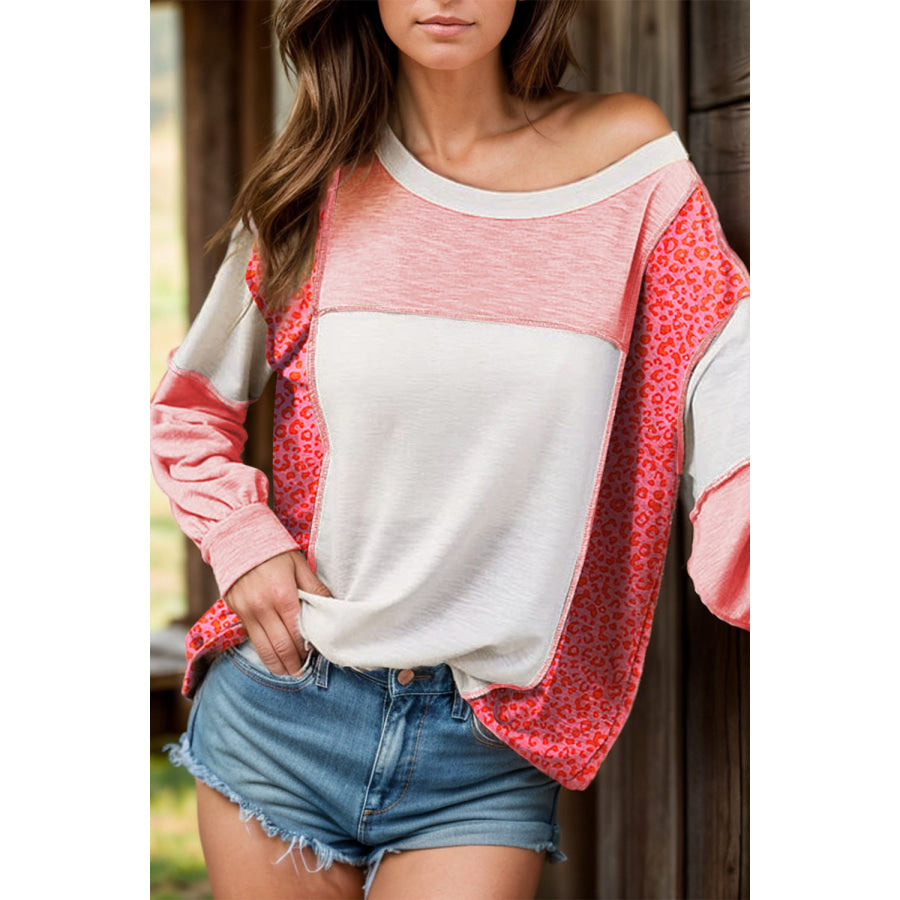 Exposed Seam Leopard Color Block Round Neck Top Dusty Pink / S Apparel and Accessories