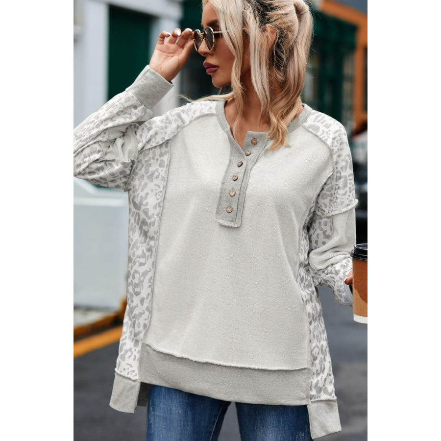 Exposed Seam Leopard Long Sleeve Sweatshirt Apparel and Accessories