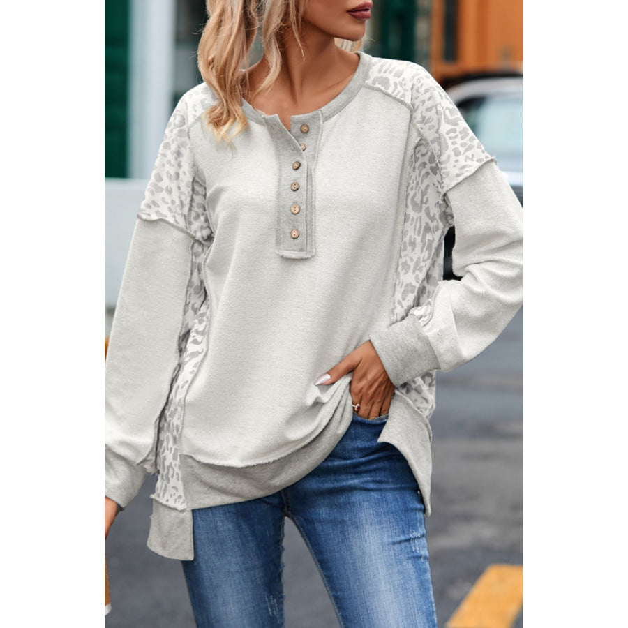 Exposed Seam Leopard Long Sleeve Sweatshirt Light Gray / S Apparel and Accessories