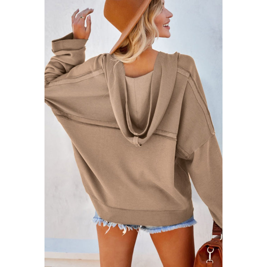 Exposed Seam Long Sleeve Hoodie Khaki / S Apparel and Accessories