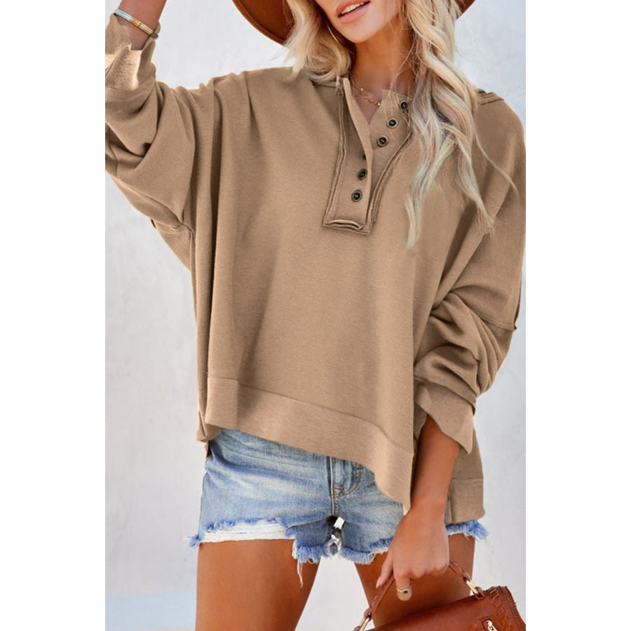 Exposed Seam Long Sleeve Hoodie Khaki / S Apparel and Accessories