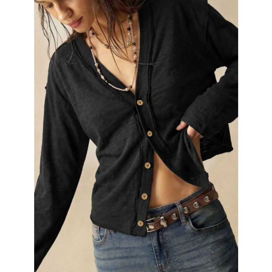 Exposed Seam Long Sleeve Shirt with Two Way to Wear Apparel and Accessories