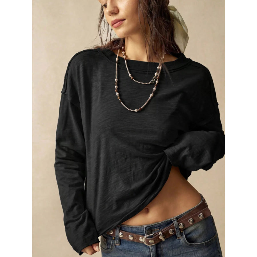 Exposed Seam Long Sleeve Shirt with Two Way to Wear Black / S Apparel and Accessories