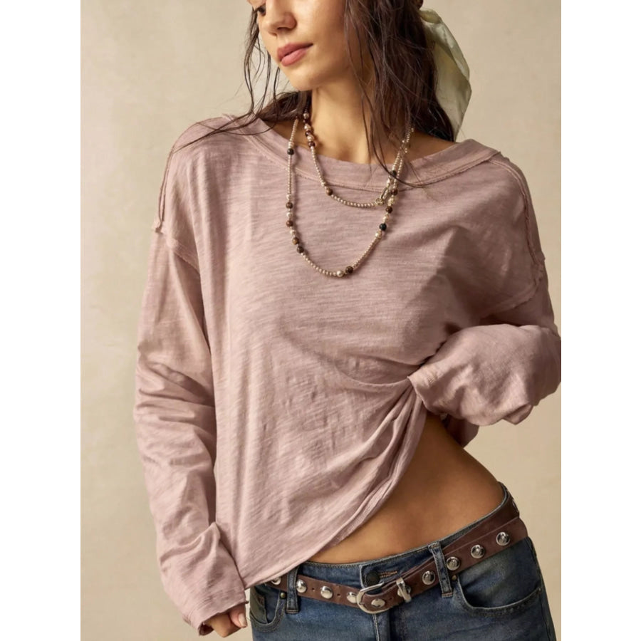 Exposed Seam Long Sleeve Shirt with Two Way to Wear Pink / S Apparel and Accessories