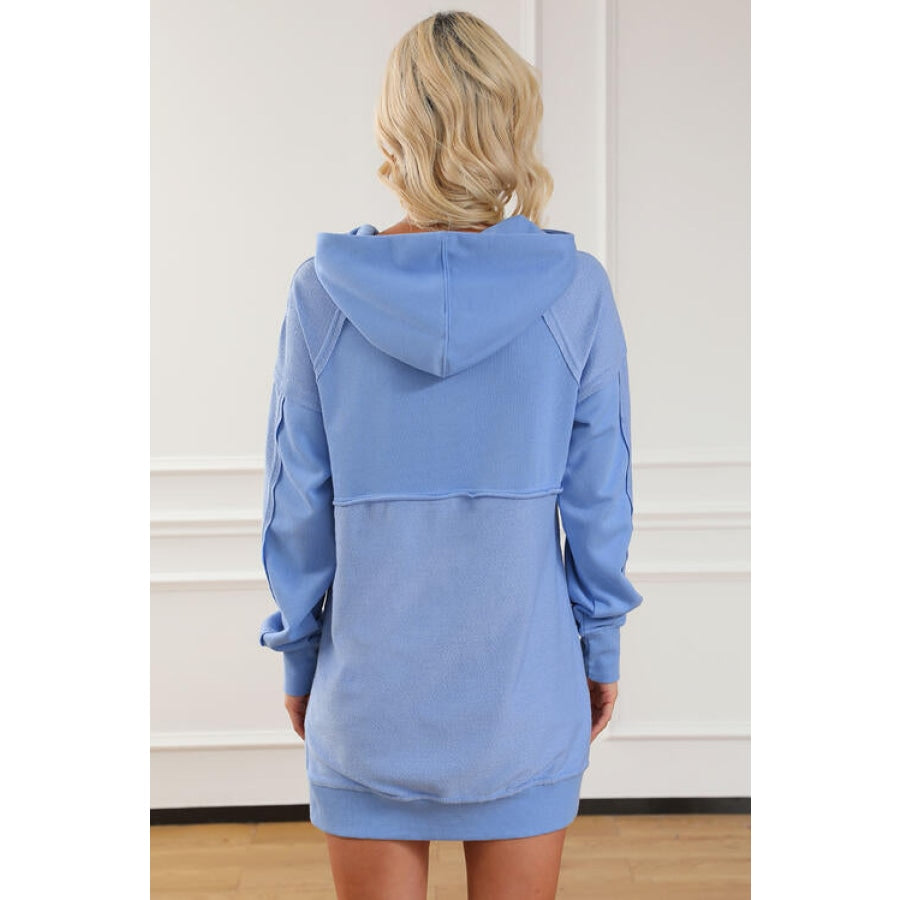 Exposed Seam Long Sleeve Slit Hoodie with Pocket Misty Blue / S Clothing
