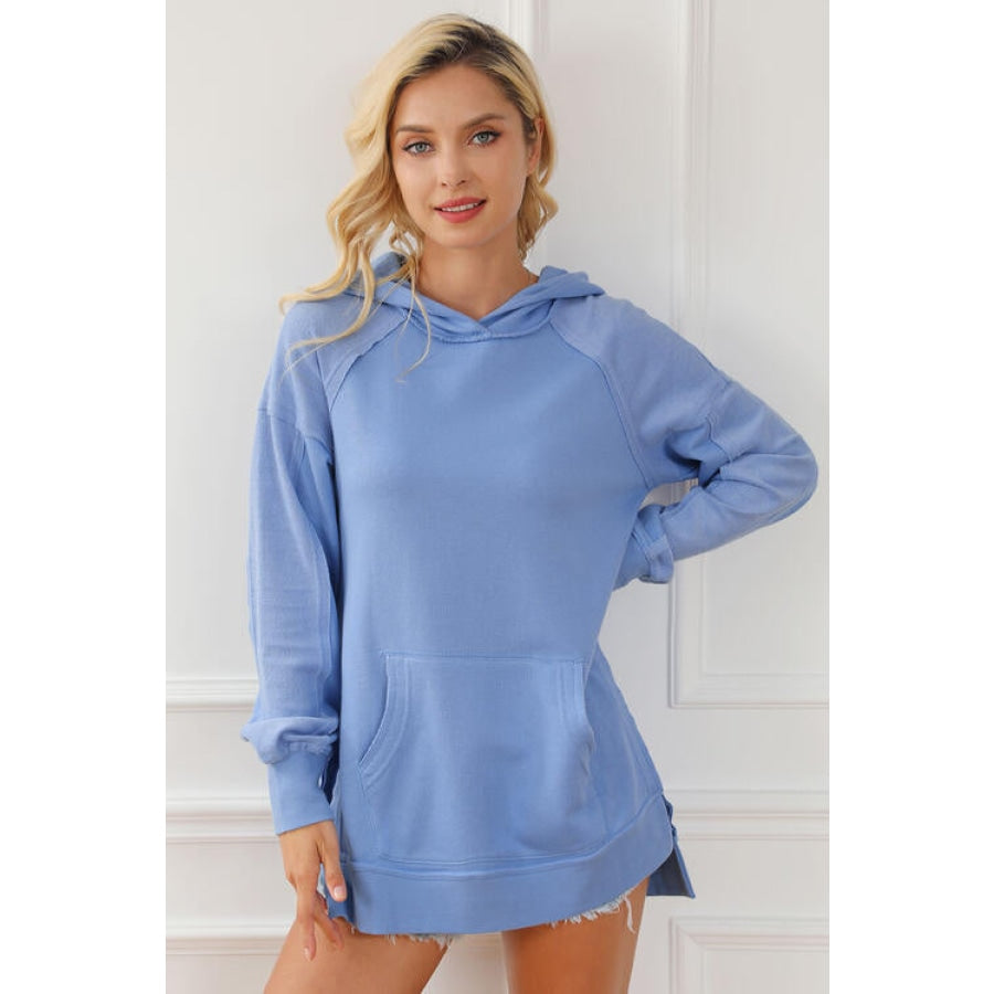 Exposed Seam Long Sleeve Slit Hoodie with Pocket Misty Blue / S Clothing