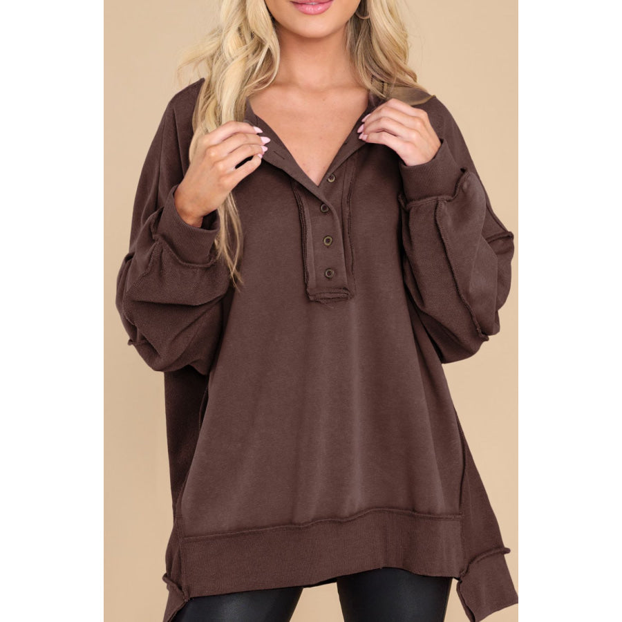 Exposed Seam Long Sleeve Sweatshirt Dark Brown / S Apparel and Accessories