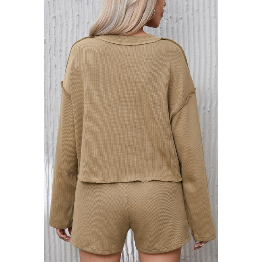 Exposed Seam Long Sleeve Top and Drawstring Shorts Set Apparel and Accessories