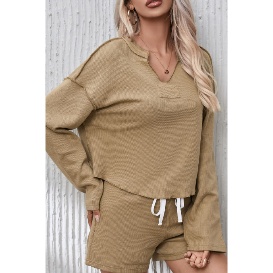 Exposed Seam Long Sleeve Top and Drawstring Shorts Set Apparel and Accessories