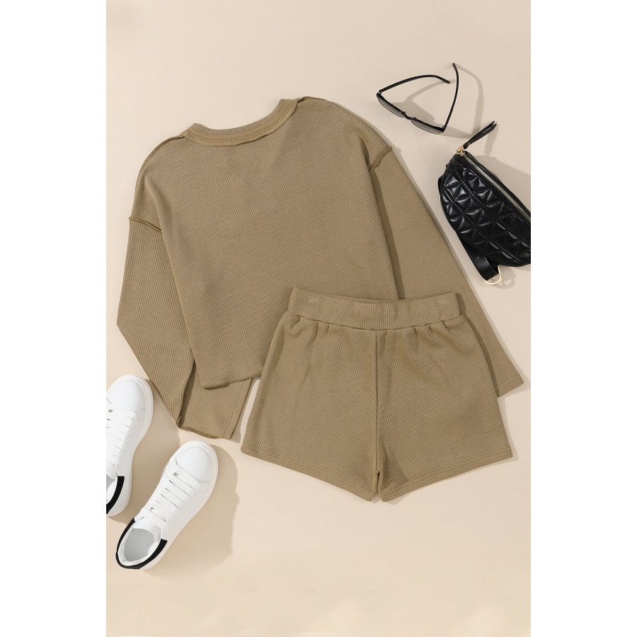 Exposed Seam Long Sleeve Top and Drawstring Shorts Set Apparel and Accessories