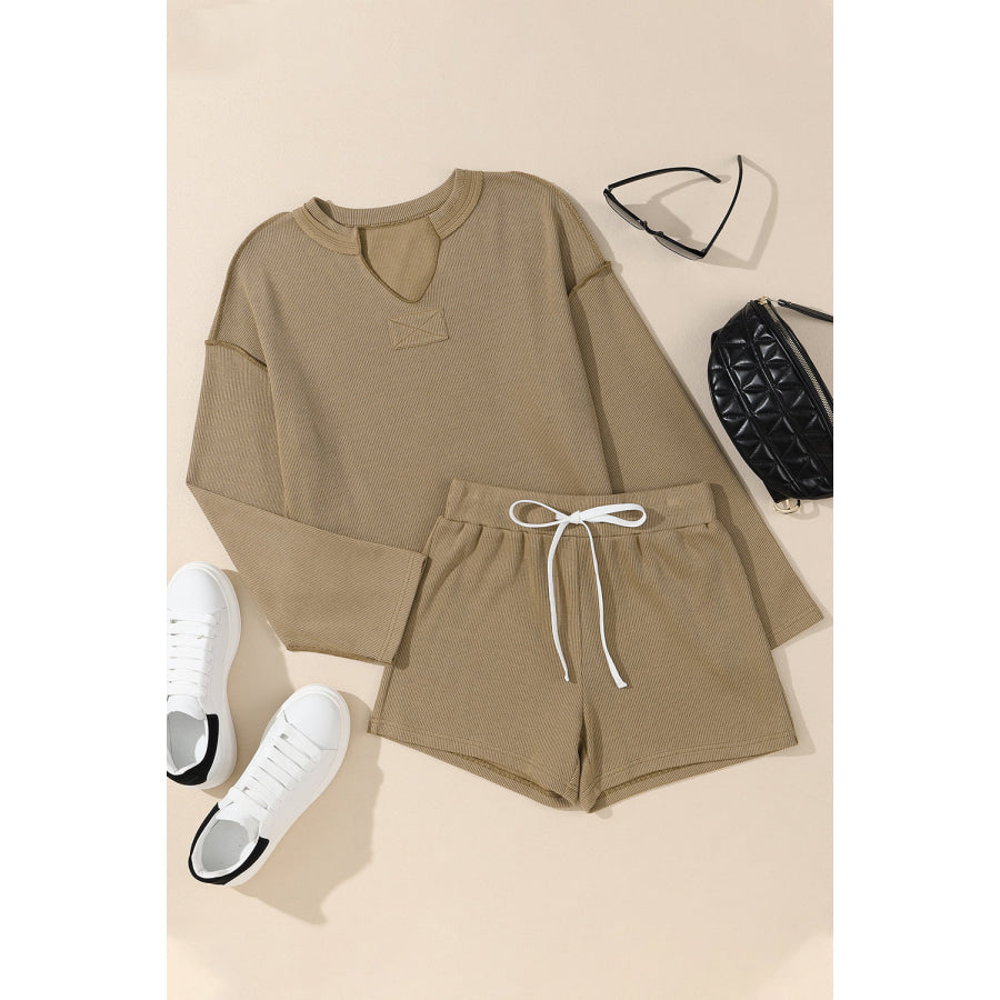 Exposed Seam Long Sleeve Top and Drawstring Shorts Set Apparel and Accessories