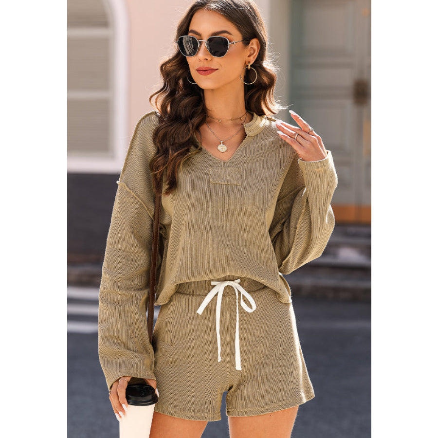 Exposed Seam Long Sleeve Top and Drawstring Shorts Set Apparel and Accessories